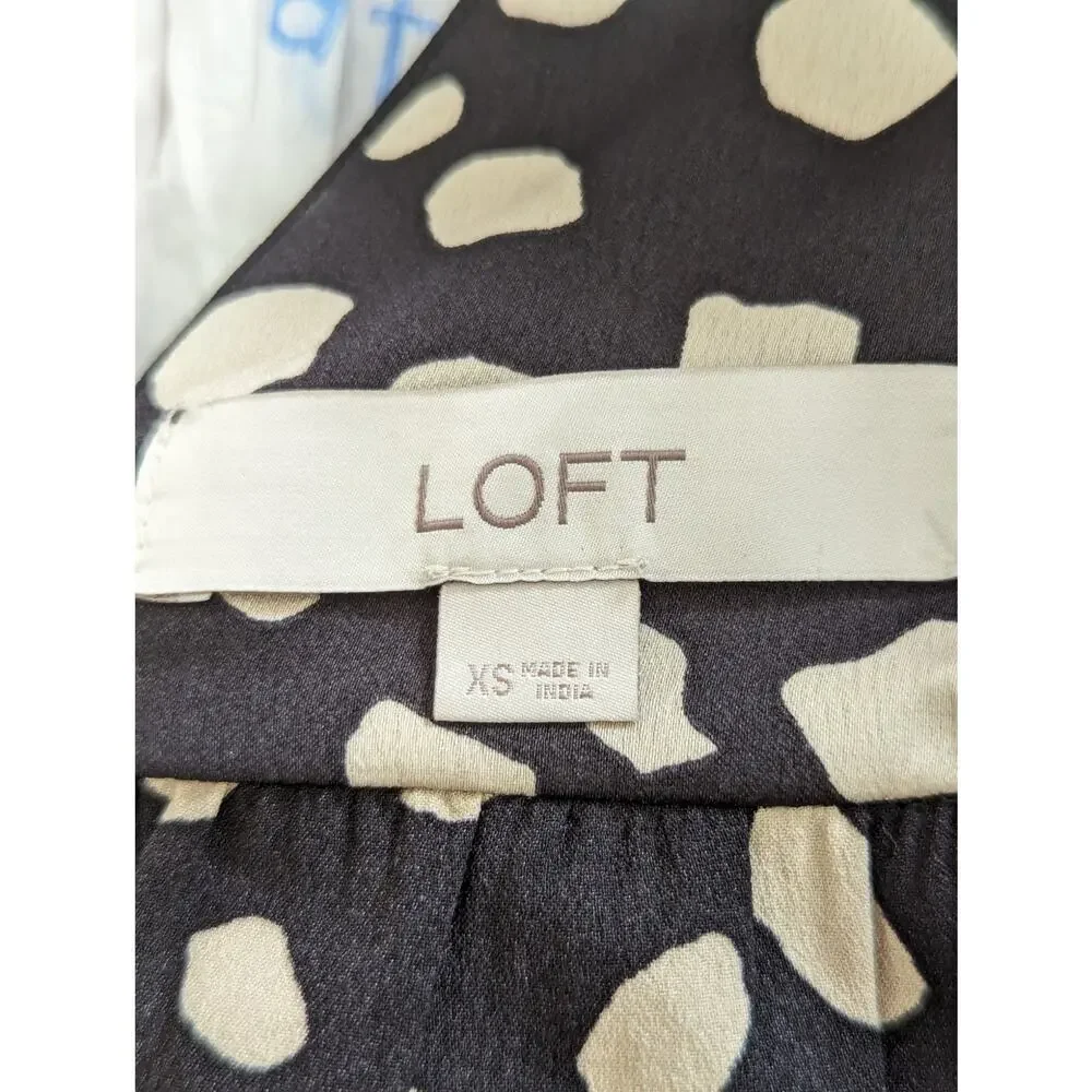 LOFT! BLACK, TAN SATINY PUFF SLEEVE, BOW BACK SPECKLED TOP, BLOUSE, SHIRT! SZ XS